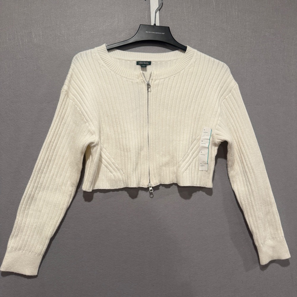 Wild Fable Women's Ribbed Cropped zip-front Cardigan Sweater White Medium NWT
